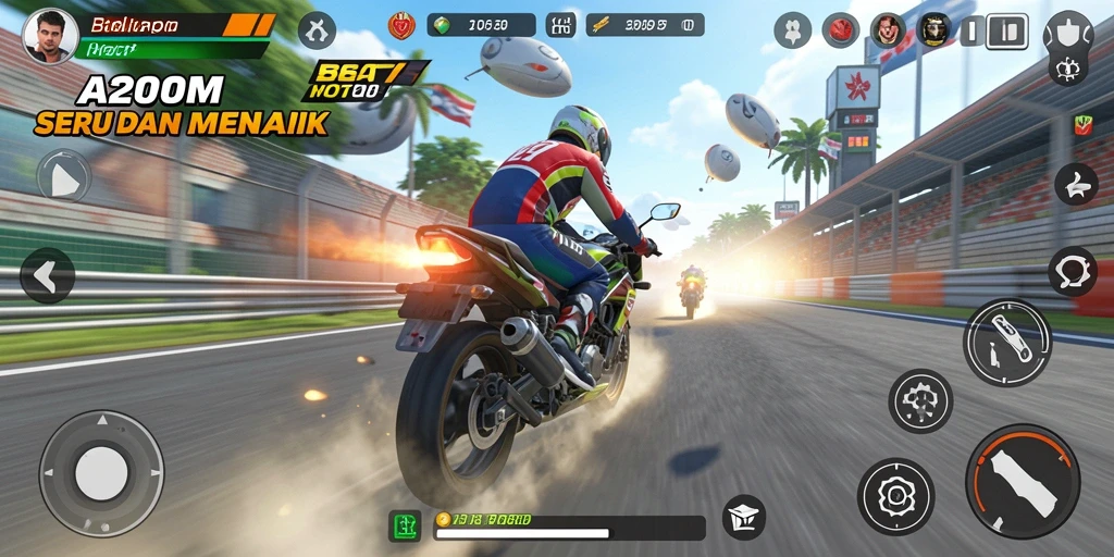 Screenshot menunjukkan aksi balapan motor yang mendebarkan di A200M.