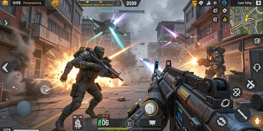 Gameplay DS99 dengan aksi pertempuran mendebarkan.