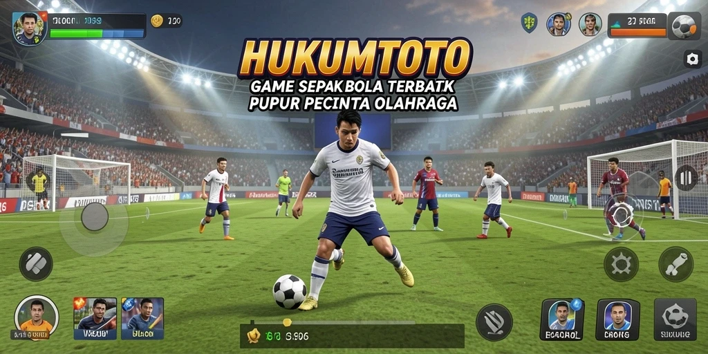 Tampilan gameplay HUKUMTOTO dengan aksi sepak bola yang seru.