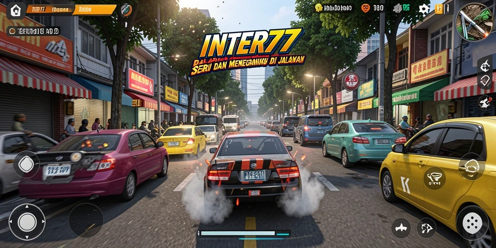 Screenshot INTER77 menunjukkan kendaraan balap di trek menegangkan.