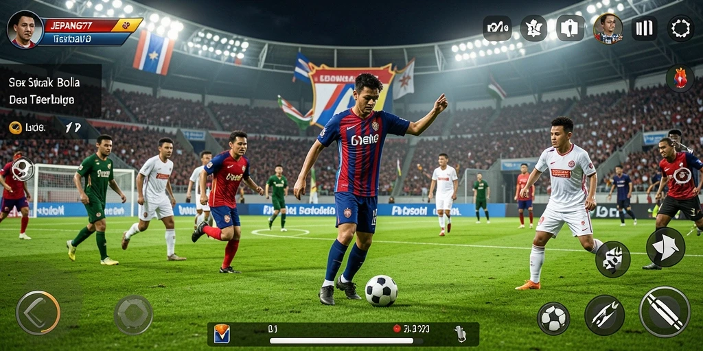 Screenshot utama <strong>JEPANG77</strong> menunjukkan aksi seru dalam permainan sepak bola.