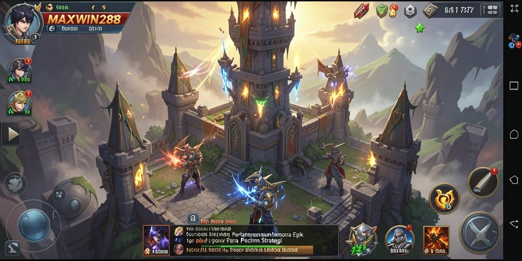 Tangkapan layar gameplay MAXWIN288, menampilkan menara dan musuh yang mendebarkan.