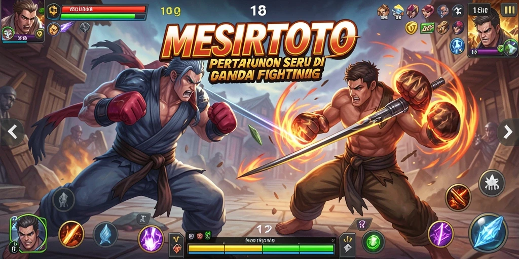 Tampilan gameplay seru dengan karakter bertarung di arena.