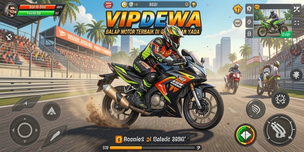 Tangkapan layar gameplay <strong>VIPDEWA</strong> yang memukau, menampilkan aksi balapan motor yang seru.